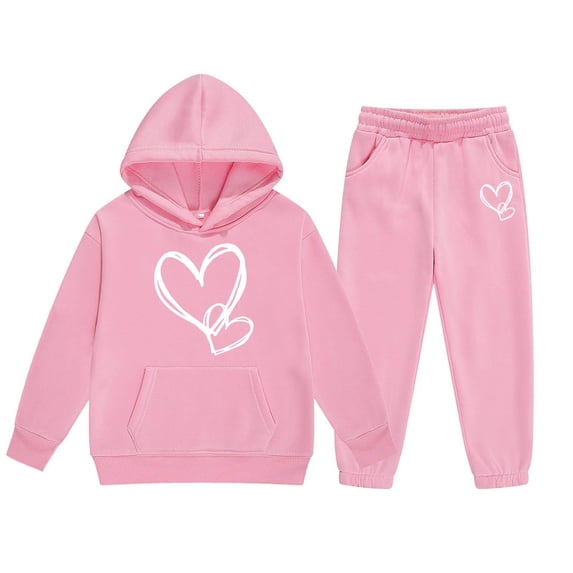 Bobifish Big Girls Tracksuit Fall Winter Hooded Long Sleeve Sweatshirt Heart Print Elastic Waist Jogger Pants 2 Piece Sets