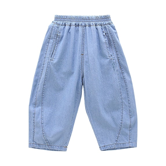Bobifish Big Kids Cropped Denim Pants Elastic Waist Lightweight Barrel Fit Relaxed Fit Side Pockets Casual Jeans