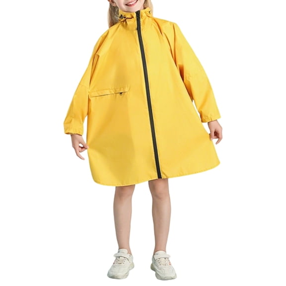 Bobifish Boys Girls Backpack Raincoat Solid Color Zipper Closure Hooded Side Pocket Elastic Waterproof Long Rain Wear