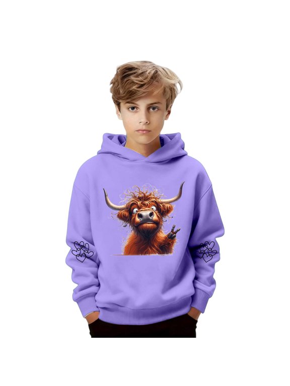 Boys Girls Christmas Hoodies Fun Highland Cow Graphic Sweatshirts Long Sleeve Fun Pullover Top