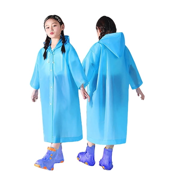Bobifish Boys Girls Long Raincoat Hooded Snap Button Front Semi Transparent Loose Fit Foldable Waterproof Rain Coat