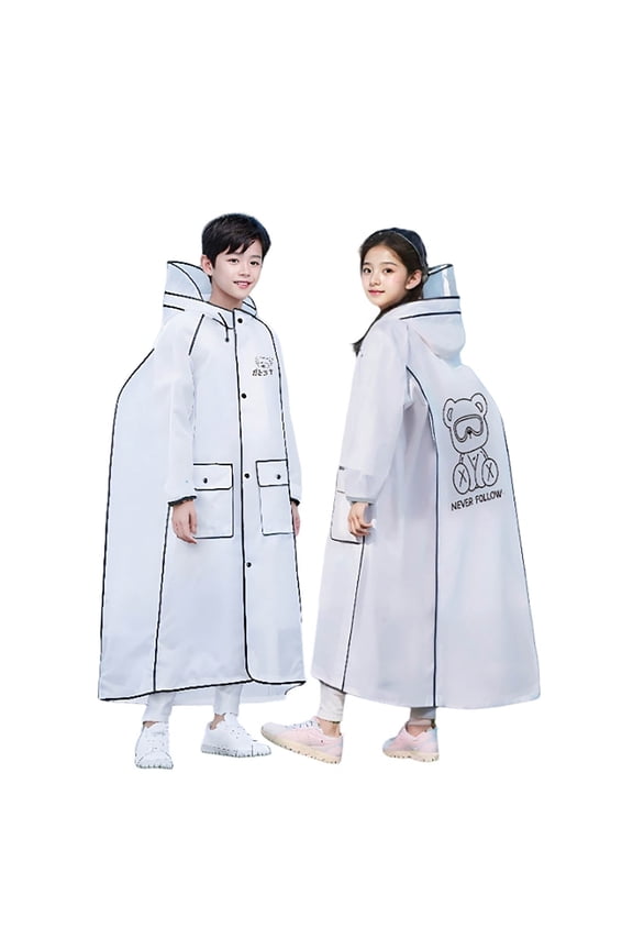 Boys Girls Raincoat Bear Cartoon Printed Long Length Style Reflective Trim Detail With Multi Pockets And Backpack Compatible Layout For Student Daily,Sized 10-12Y