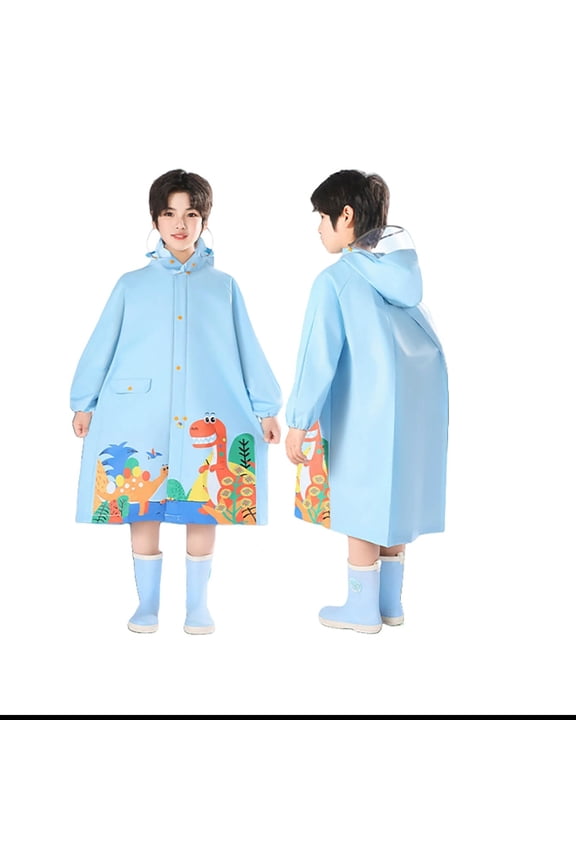 Boys Girls Raincoat Dinosaur Full Printed Design Hooded Outerwear Snap Button Closure With Reflective Trim And Multi Pockets For Student School Commute，Sized 13-15Y