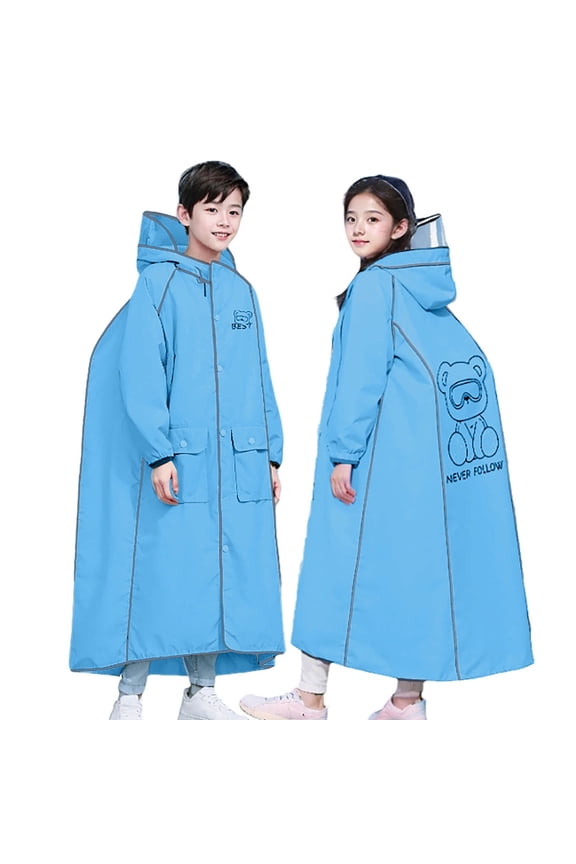 Boys Girls Raincoat Long Length Backpack Compatible Cut Reflective Trim Detail Cartoon Print Pockets For Student Commute,Sized 12-14Y