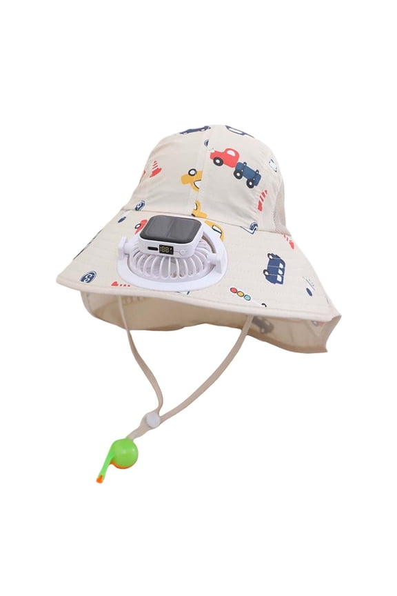 Boys Girls Sun Hat Built In Fan Wide Brim Sun Protection Hat With Cartoon Car Print Outdoor Hiking Hat
