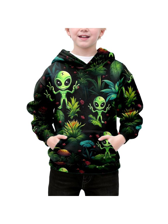Boys Graphic Hoodie Alien Tropical Print Long Sleeve Sweatshirt Fun Outdoor Top With Pocket