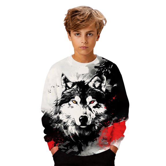 Bobifish Boys Graphic Sweatshirt Wolf Print Long Sleeve Sweatshirt Cool 3d Graphic Top For Kid