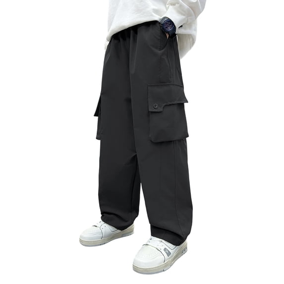 Bobifish Boys Pants Solid Color Wide Leg Cargo Pants With Multiple Pockets Camping Hiking Windproof Trousers Kids Winter Durable Sports Pants,Sizes 9-10Y