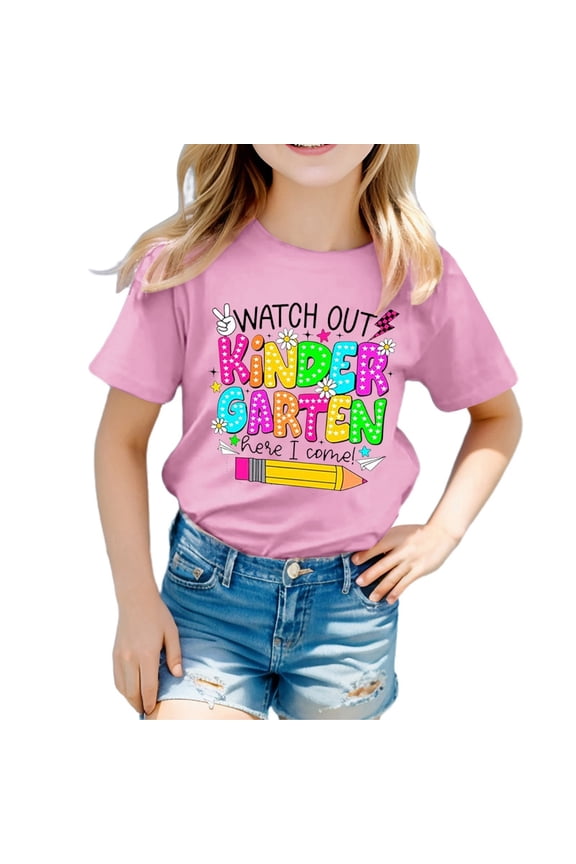 Girls Back To School T-Shirts Crew Neck Short Sleeve Graphic Tee First Day Of Preschool Kindergarten Kids Graphic Tee Shirts