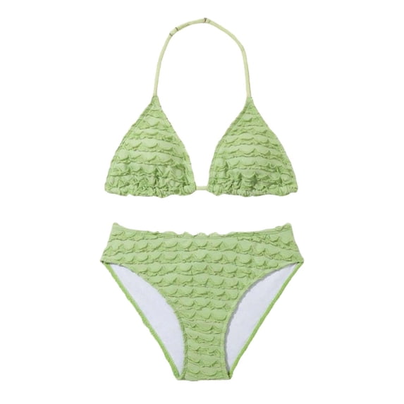 Bobifish Girls Bikini Swimsuit Halter Tie Triangle Top Low Rise Bottom Ruffled Scale Layered Vacation Bathing Suit,2 Piece