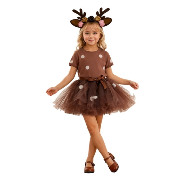 Bobifish Girls Carnival Reindeer Outfit Set 2pcs Tulle Puff Skirt Floral Deer Headband For Holiday Party Stage Performance Outfit Set
