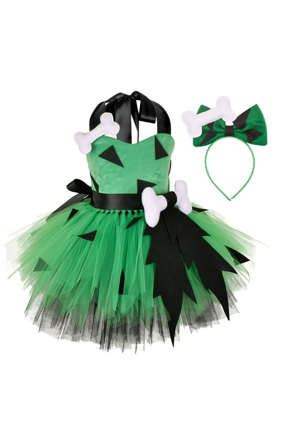 Girls Caveman Halloween Funny Bone Pattern Mesh Tulle Festival Performance Princess Tutu Dress Outfit