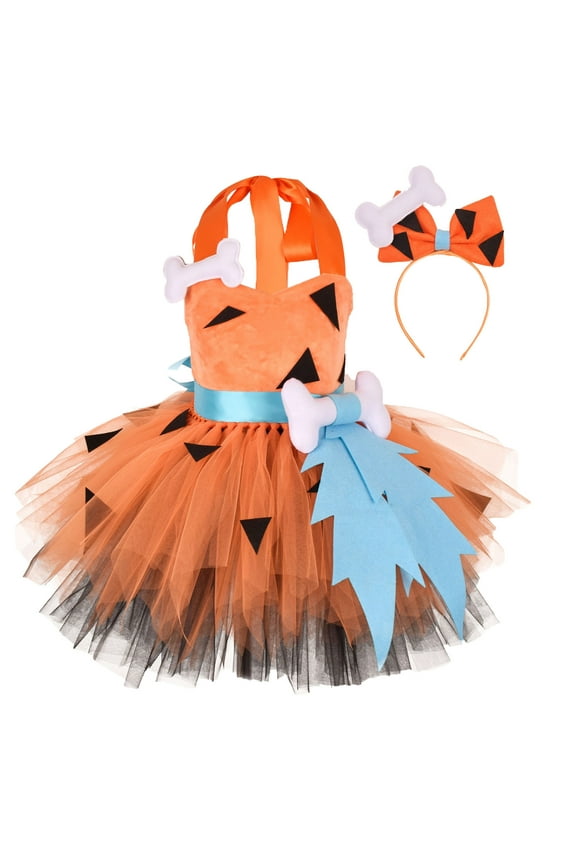 Girls Caveman Halloween Funny Bone Pattern Mesh Tulle Festival Performance Princess Tutu Dress Outfit