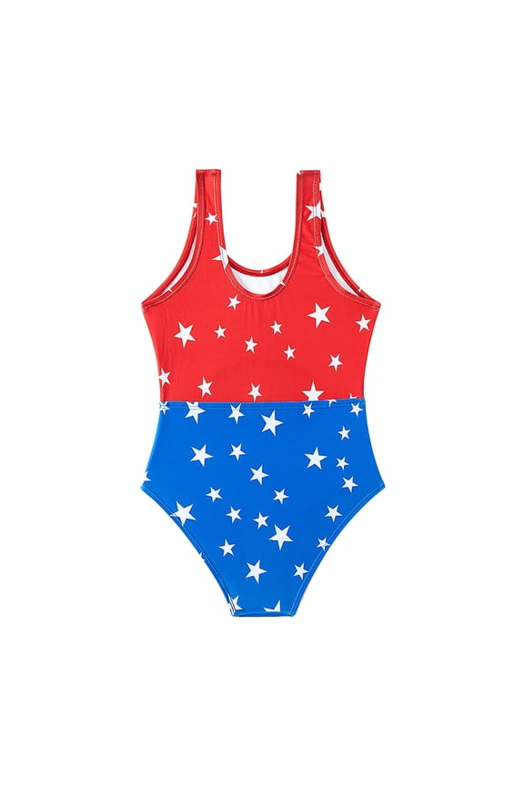 Girls One-Piece Swimsuit With American Flag Print Red Blue And White Stars For Fourth Of July Kids Swimwear, 1 Piece