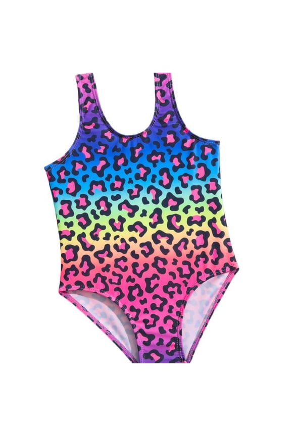 Girls One-Piece Swimsuit With Rainbow Leopard Print And Scoop Neck Design For Pool Parties Kids Swim Set, 1 Piece