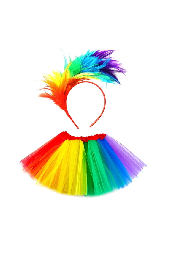 Girls Outfit Set Rainbow Feather Headband Tutu Skirt Set For Carnival Festival Dance Performance Girls' Short Skirt Costume