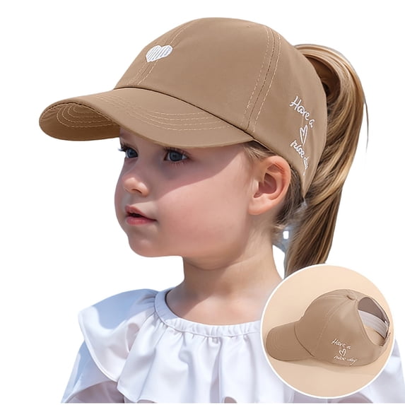Bobifish Girls Ponytail Baseball Hat Open Back Heart Embroidery Breathable Sun Cap