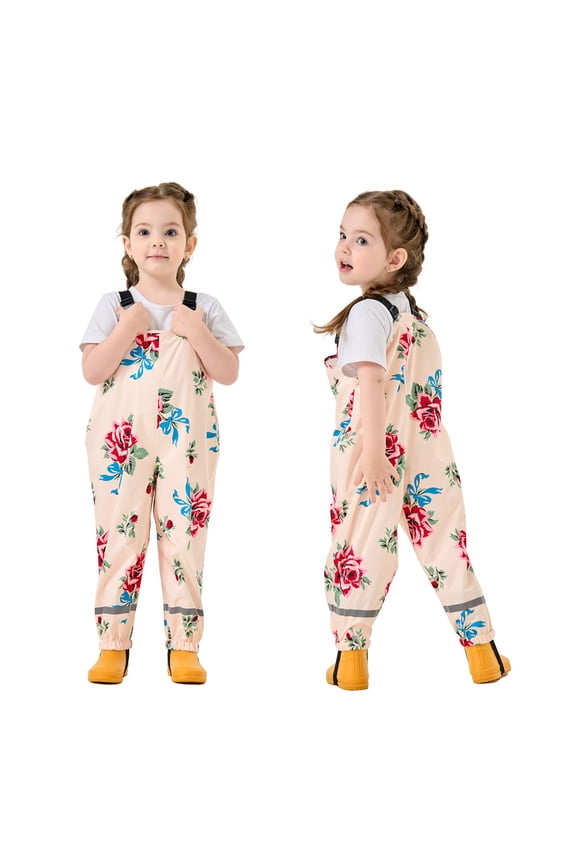Girls Rain Overall Lightweight Spring Summer Floral Print Outdoor Play Rainsuit Suit With Adjustable Straps And Pockets,Sized 5-7Y