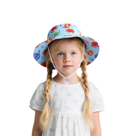 Bobifish Girls Sun Hat Cartoon Wide Brim Bucket Hat With Adjustable Chin Strap Sea Themed Beach Wear Sun Protection Hat