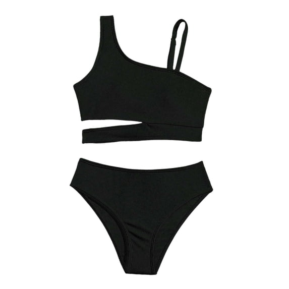 Bobifish Girls Two Piece Bikini Swimsuit Ribbed One Shoulder Cut Out Kids Swimwear, 2 Piece