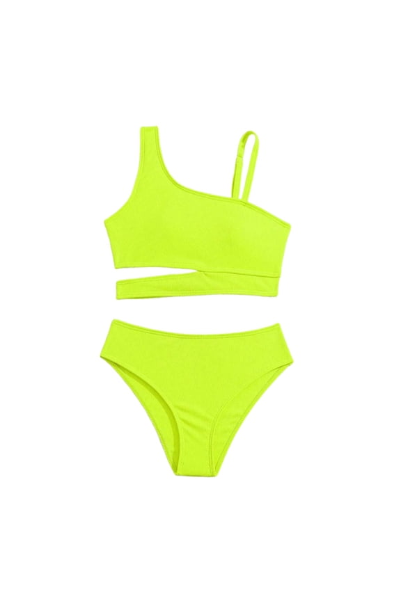 Girls Two Piece Bikini Swimsuit Ribbed One Shoulder Cut Out Kids Swimwear, 2 Piece