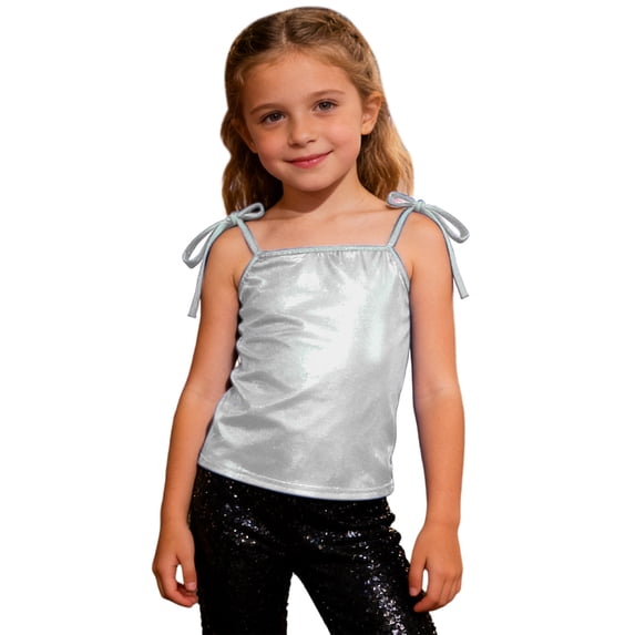 Bobifish Kids Shiny Metallic Long Vest With Adjustable Tie Straps Camisole Tops Fashion Casual Party Performance Wear Comfortable Tops