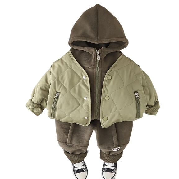 Bobifish Little Boys 3 Piece Outfit Set Quilted Jacket Hoodie & Pants Warm Padded Zipper Pockets Legs Kids Cold Weather Daily Play Outdoor Outfit