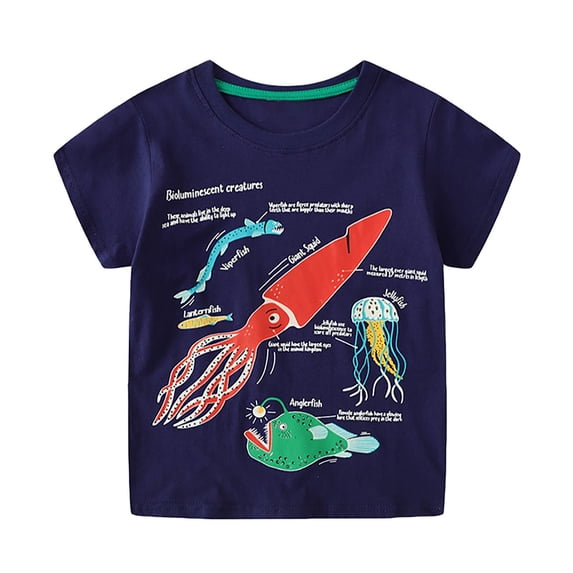 Bobifish Little Boys Animal Graphic T-Shirt Short Sleeve Crewneck T-Shirt Deep Sea Creature Print Playful Tee For Kid