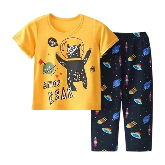 Bobifish Little Boys Sleepwear Set 2pcs Short Sleeve Home Wear Crewnwck Tops & Elastic Waist Long Pants Cute Cartoon Print Kids Home Wear Set,sizes 6-7