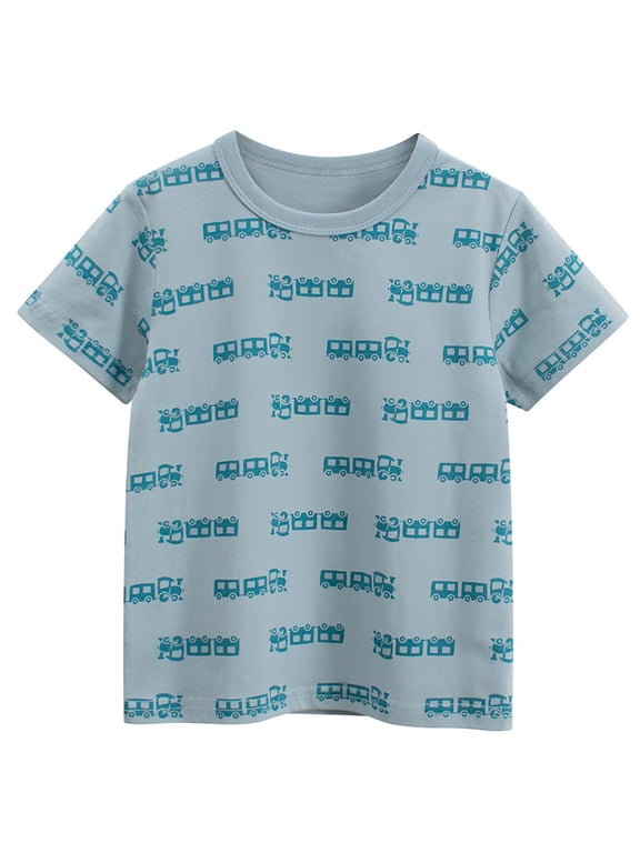 Little Boys T‑Shirt Short Sleeve Crewneck Mini Train All‑Over Pattern Print Tee