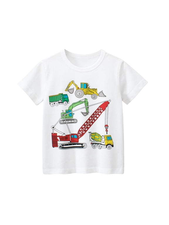 Little Boys Vehicle Graphic Tee Top Short Sleeve Crewneck Construction Truck Print Playful Tee