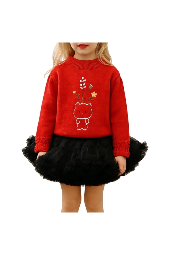 Bobifish Little Girlls Sweater Dress Outfit Set Fall Spring Cartoon Knitted Pullover And Puffy Mesh Skirt Spring Daily Cozy Outfit Sizes 3-8