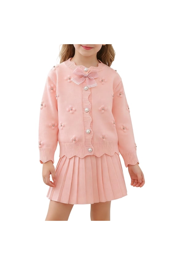Bobifish Little Girls Bow Decor Knit Cardigan Sweater And Pleated Skirt 2-Piece Set Spring Fall Daily Wear Elegant Kids Sweet Outfit Set Sizes 3-8