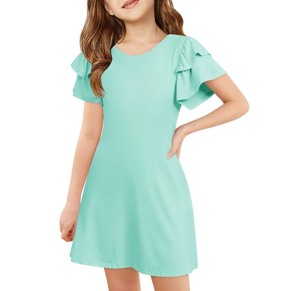 Bobifish Little Girls Casual Dresses Double Layer Ruffle Short Sleeve Solid Black Dress Round Neck Slim Fit Summer Daily Sundress