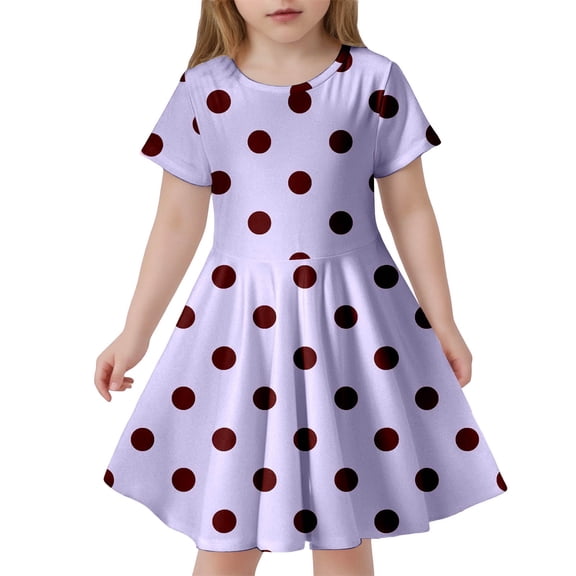 Bobifish Little Girls Casual Dresses Short Sleeve Crew Neck Large Polka Dot Printed Dress Swing Skirt Everyday Outdoor Casual Sundress