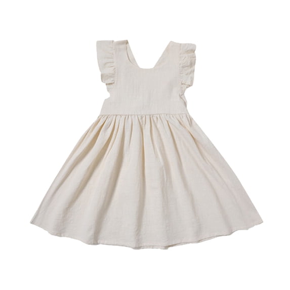 Bobifish Little Girls Casual Dresses Sleeveless Ruffle Strap Back Cutout Linen Blend Tank Dress Solid Plain Spring Summer Daily Sundress