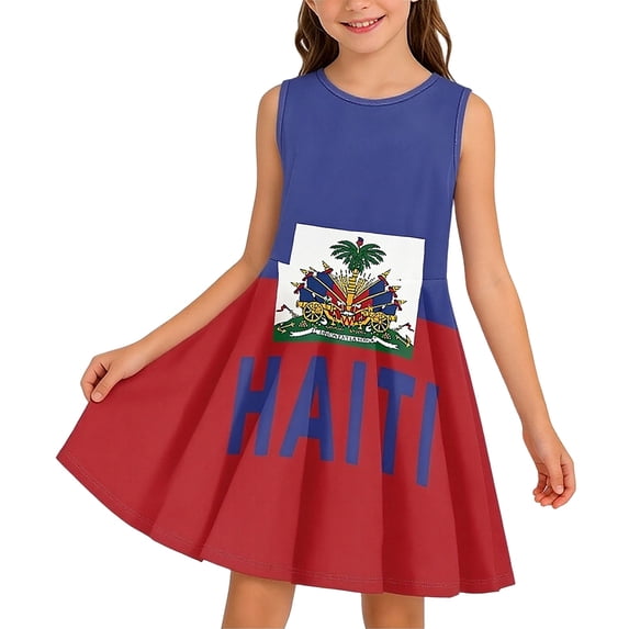 Bobifish Little Girls Dress Round Neck Sleeveless Skater Dress Waist A-Line Haiti Pattern Printed Sundress