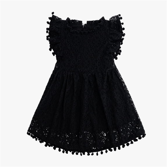 Bobifish Little Girls Dresses Crew Neck Ruffle Cap Sleeve Lace Pom Pom Ruffled Smocked A-Line Dresses Party Dresses