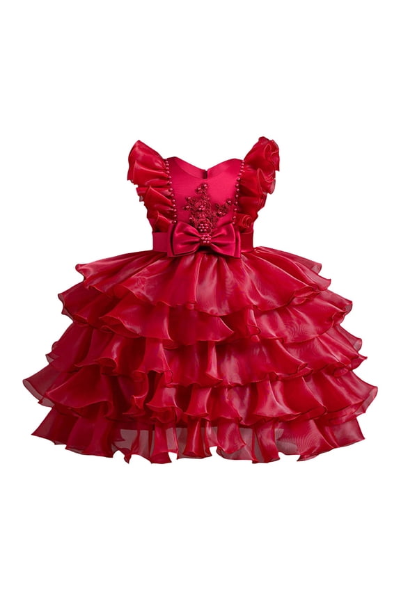 Little Girls Dresses Ruffle Cap Sleeve Beaded Bow Layered Tiered Gown Pageant Contests Birthday Formal Wedding Events Party Dress