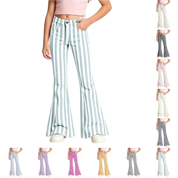 Bobifish Little Girls Flare Pants Vertical Stripe Print Denim Look ...
