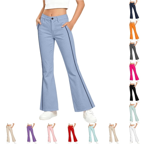 Bobifish Little Girls Flared Pants Solid Tone Outer Side Strip Button ...