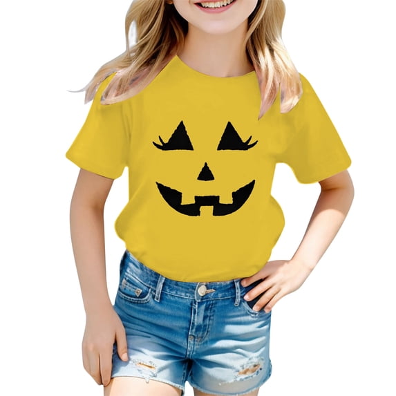 Bobifish Little Girls Halloween Graphic Tee Short Sleeve Crewneck Top Pumpkin Print Playful Tee For Kid