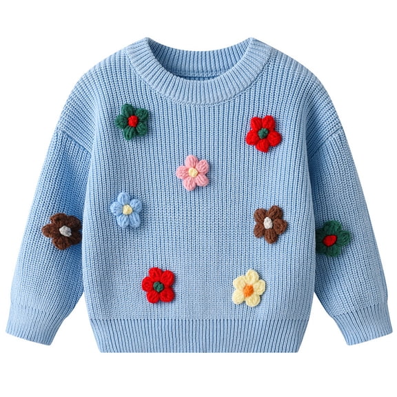 Bobifish Little Girls Light Blue Crew Neck Sweater Multi-Color Flower Applique Long Sleeve Sweaters Knitted Soft Cute Casual Kids Daily Pullover Top