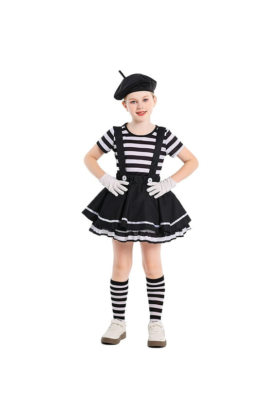 Little Girls Outfit Set 4pcs Festival Mime Clown Performance Set Funny Circus Stage Dress Up Carnival Party Cosplay Sets,sizes 5-6Y