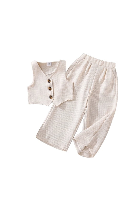 Little Girls Outfit Set Sleeveless Button Up Tweed Crop Vest And Elastic Waist Wide Leg Pants Solid Color Kid Summer Outfit, 2pc