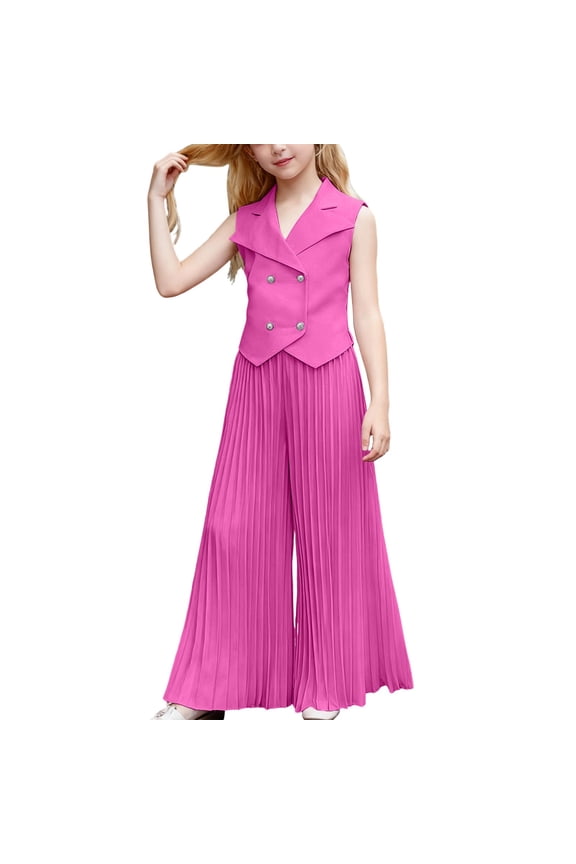 Little Girls Outfit Sets Hot Pink Sleeveless Double- Vest With Pleated Wide-Leg Pants Party Elegant Kids Carinival Daily Wear Clothes Set