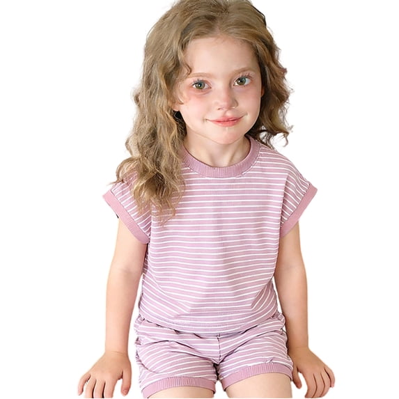 Bobifish Little Girls Outfit Sets Summer Striped Print Crew Neck Short Sleeve T-Shirt Elastic Waist Shorts 2 Piece Sets