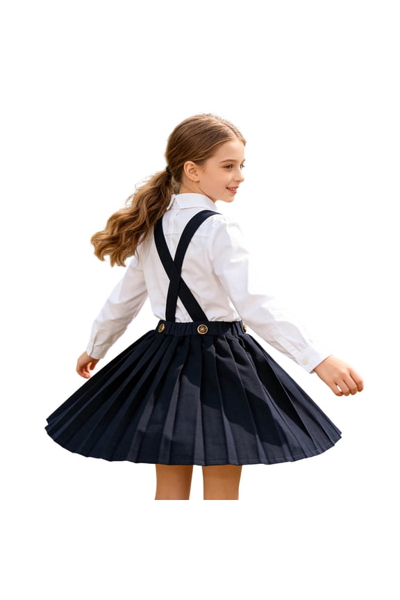 Little Girls Skirt Cross Back Suspender Elastic Waist Button Detail Pleated A-Line Skirt School Peppy Style Activity Skirts