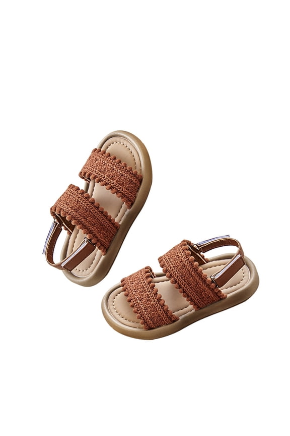 Little Girls Slide Sandals Crochet Pom Pom Trim On Soft Sole Summer Open Toe Slides Kids Indoor Beach Shower Slippers