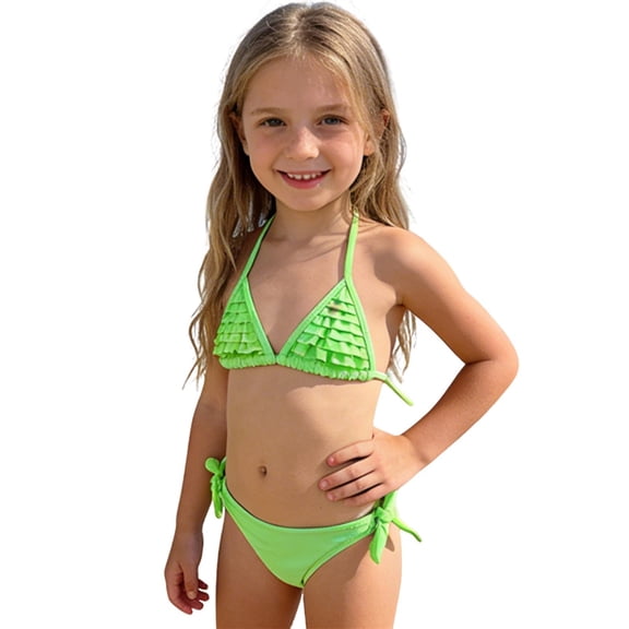 Bobifish Little Girls Swimsuit Halter Neck Triangle Ruffled Bikini Top With Side Tie Brief Breathable Beach Swim Set, 2 Piece